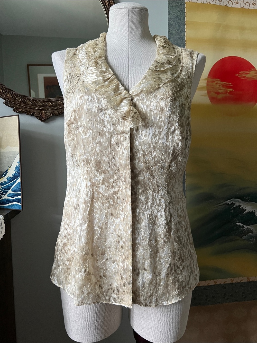 Anne Klein Cream Sleeveless Crushed Velvet Button-Front Blouse